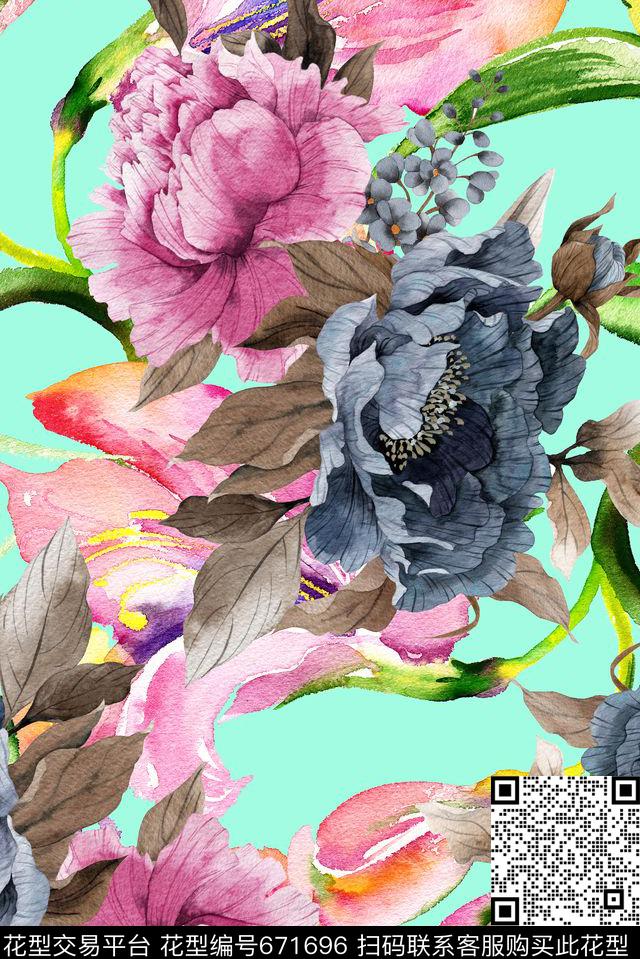 手绘肌理花卉数码印花花型下载（图片编号: 671696） - 瓦栏（Walan）