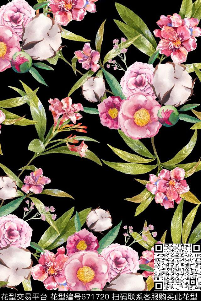 清爽手绘花卉数码印花花型下载（图片编号: 671720） - 瓦栏（Walan）