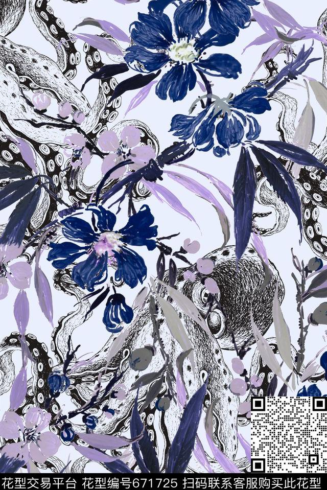 清爽乌贼花卉数码印花花型下载（图片编号: 671725） - 瓦栏（Walan）