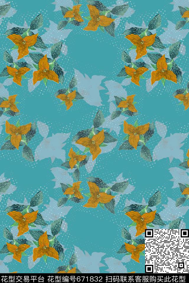 热带海滨度假花卉龟裂纹数码印花花型下载（图片编号: 671832） - 瓦栏（Walan）