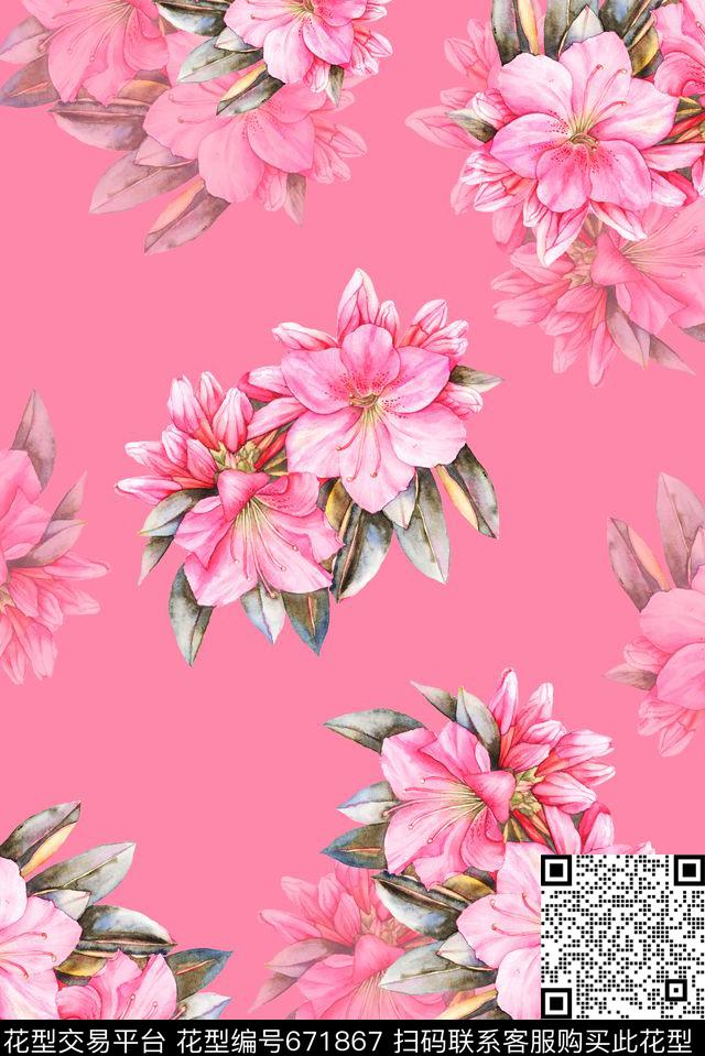 花卉粉底小清新手绘花卉数码印花花型下载（图片编号: 671867） - 瓦栏（Walan）