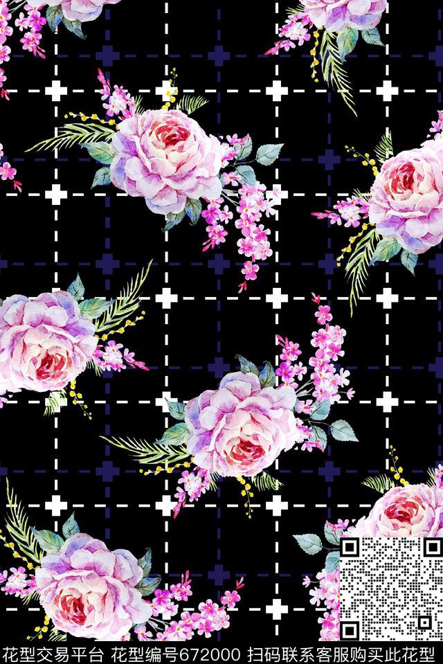 花卉格子线条数码印花花型下载（图片编号: 672000） - 瓦栏（Walan）