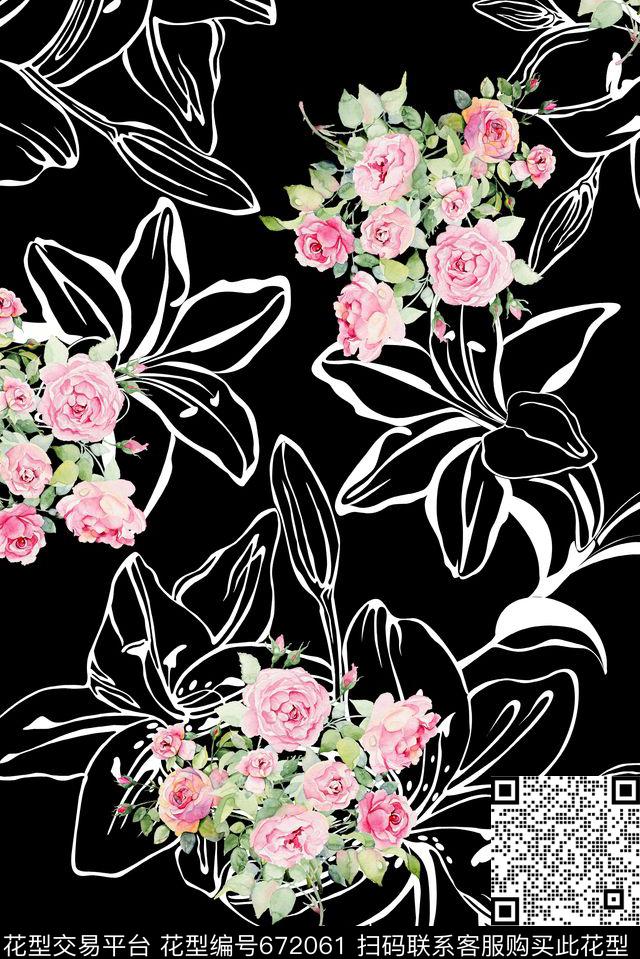 手绘花卉玫瑰数码印花花型下载（图片编号: 672061） - 瓦栏（Walan）