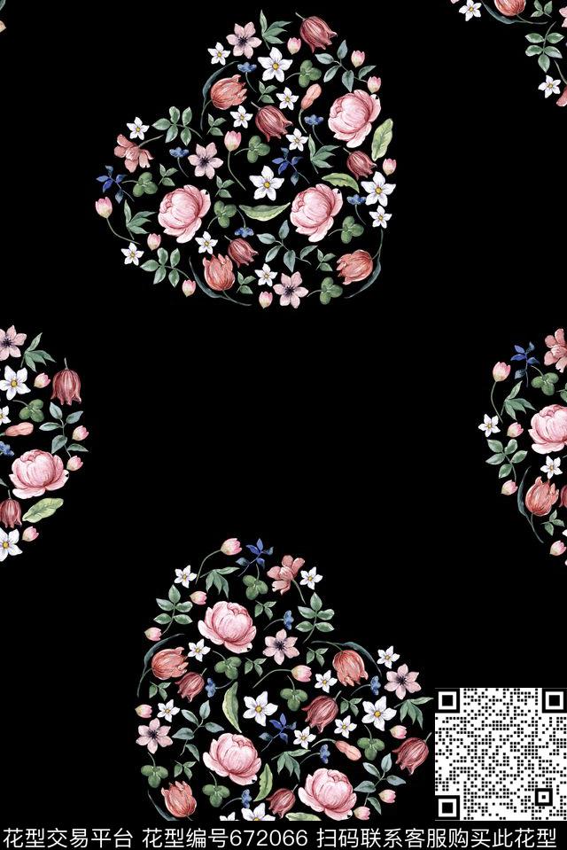 爱心手绘花卉数码印花花型下载（图片编号: 672066） - 瓦栏（Walan）