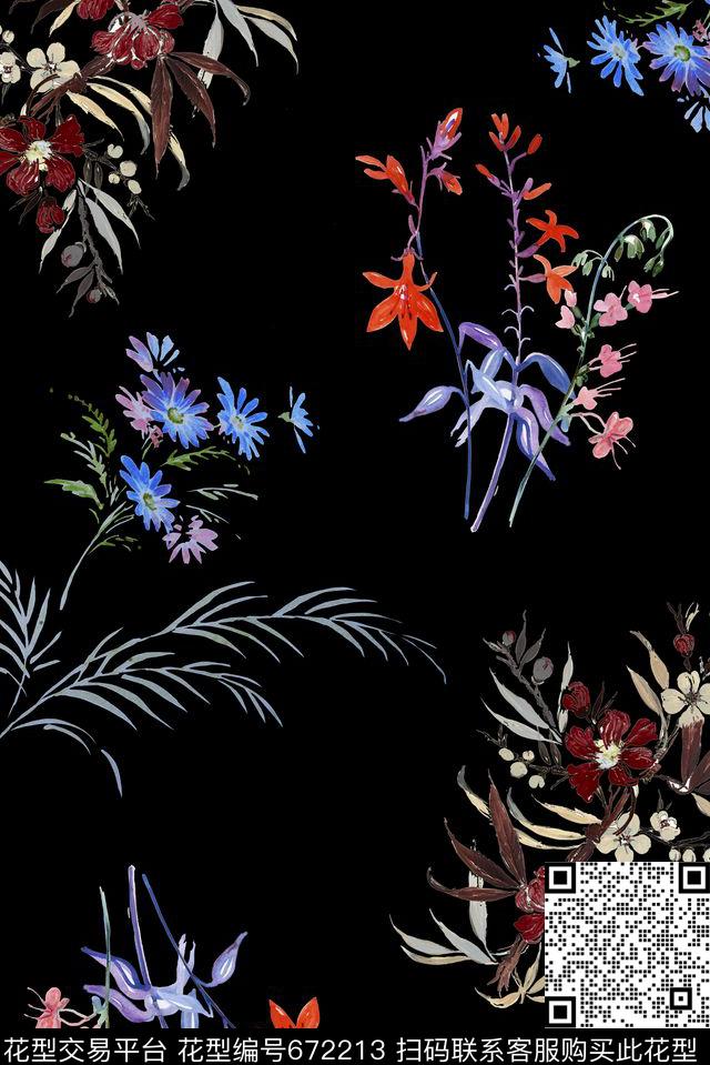 清爽黑底手绘数码印花花型下载（图片编号: 672213） - 瓦栏（Walan）