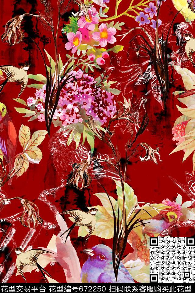 酒红抽象花卉数码印花花型下载（图片编号: 672250） - 瓦栏（Walan）