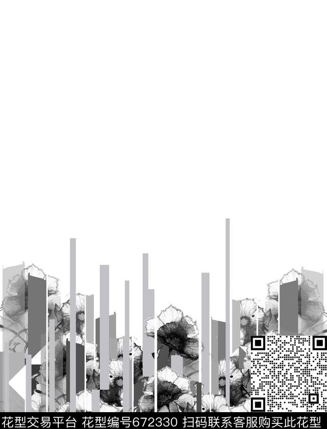 WL-032.jpg - 672330 - 黑白花卉 几何 条纹 - 数码印花花型 － 男装花型设计 － 瓦栏