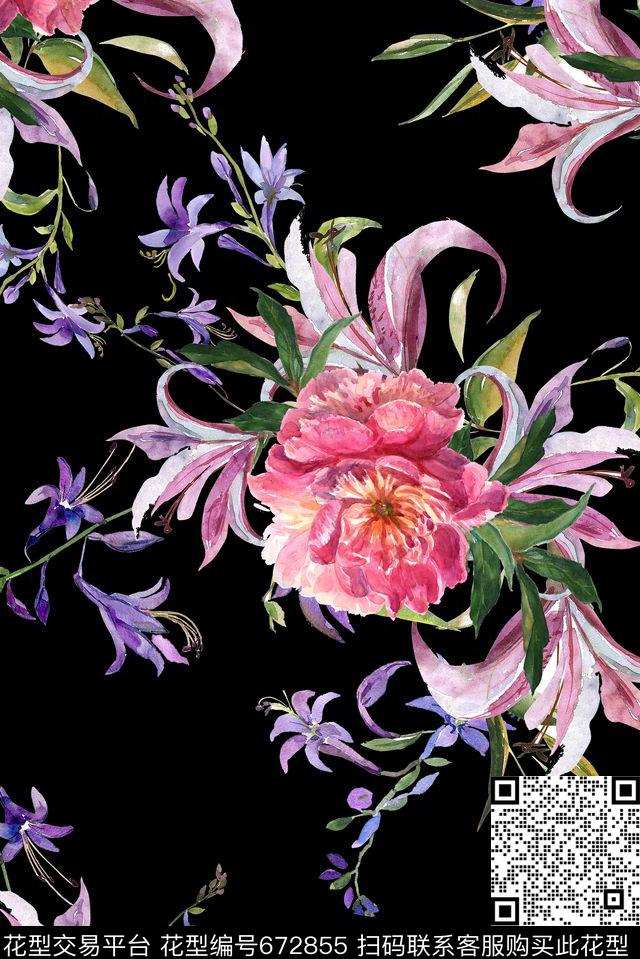 手绘藤条花卉数码印花花型下载（图片编号: 672855） - 瓦栏（Walan）