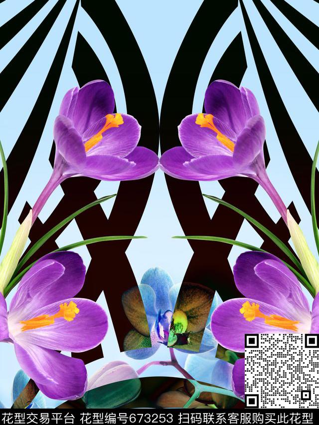 定位泳装花－热带花.jpg - 673253 - 花朵 花卉 蝴蝶兰 - 数码印花花型 － 泳装花型设计 － 瓦栏