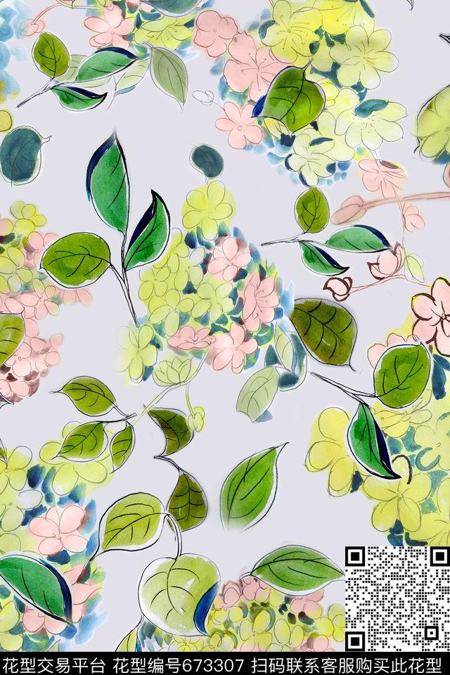 花卉写意手绘数码印花花型下载（图片编号: 673307） - 瓦栏（Walan）