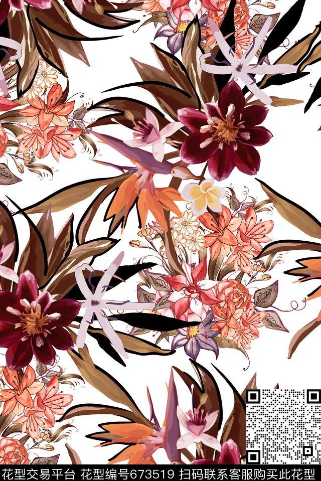 热带植物花卉数码印花花型下载（图片编号: 673519） - 瓦栏（Walan）