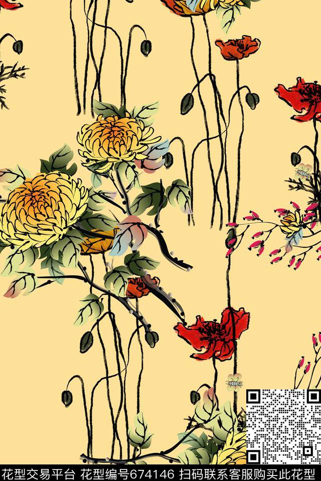 手绘中国风水墨数码印花花型下载（图片编号: 674146） - 瓦栏（Walan）
