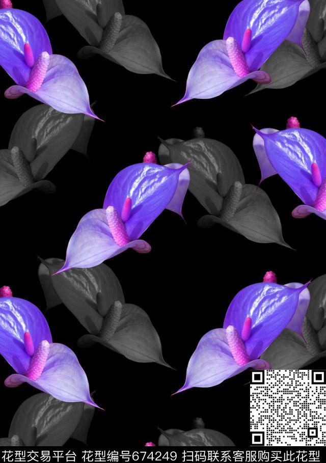 时尚黑底热带小花-3.jpg - 674249 - 甜美花卉 高贵 花朵 - 数码印花花型 － 女装花型设计 － 瓦栏