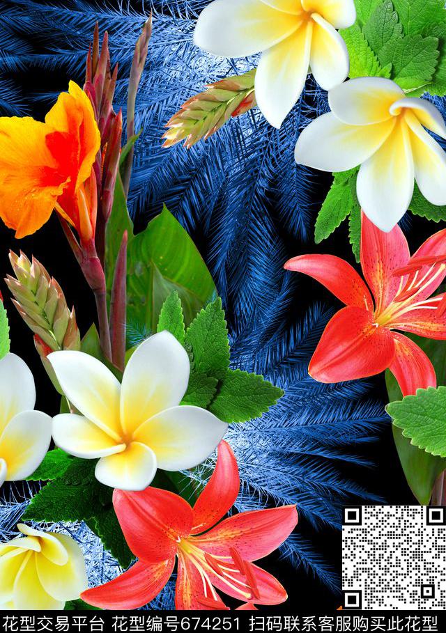 时尚热带花卉-720.jpg - 674251 - 棕榈叶 热带 鸡蛋花 - 数码印花花型 － 女装花型设计 － 瓦栏