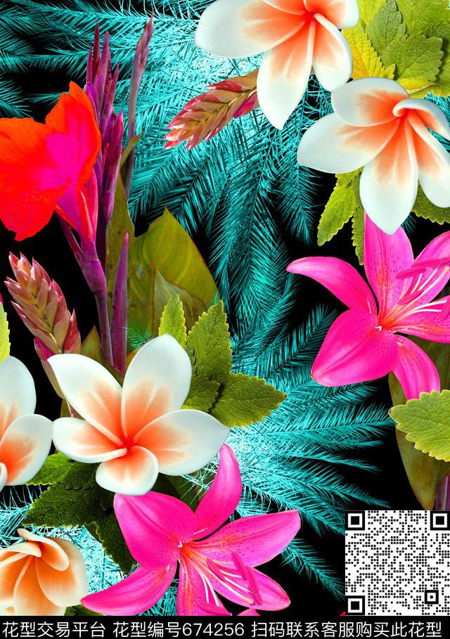 时尚热带花卉-720-2.jpg - 674256 - 棕榈叶 热带 鸡蛋花 - 数码印花花型 － 女装花型设计 － 瓦栏