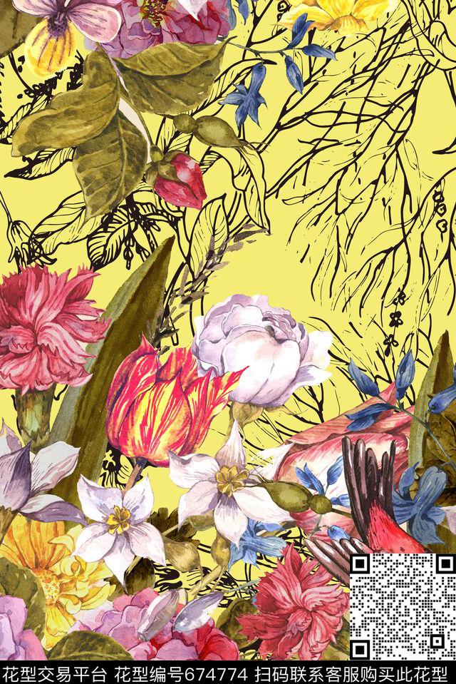 手绘植物花卉数码印花花型下载（图片编号: 674774） - 瓦栏（Walan）