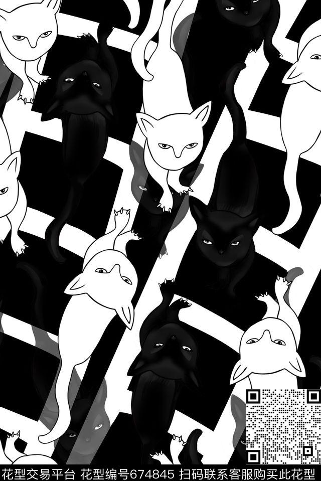 趣味图案卡通猫咪传统印花花型下载（图片编号: 674845） - 瓦栏（Walan）