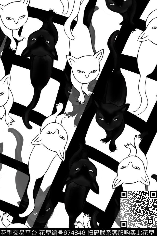 趣味图案卡通猫咪传统印花花型下载（图片编号: 674846） - 瓦栏（Walan）
