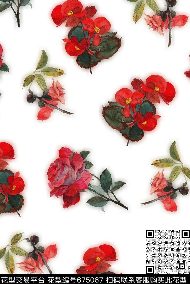 玫瑰红色花朵花卉数码印花花型下载（图片编号: 675067） - 瓦栏（Walan）