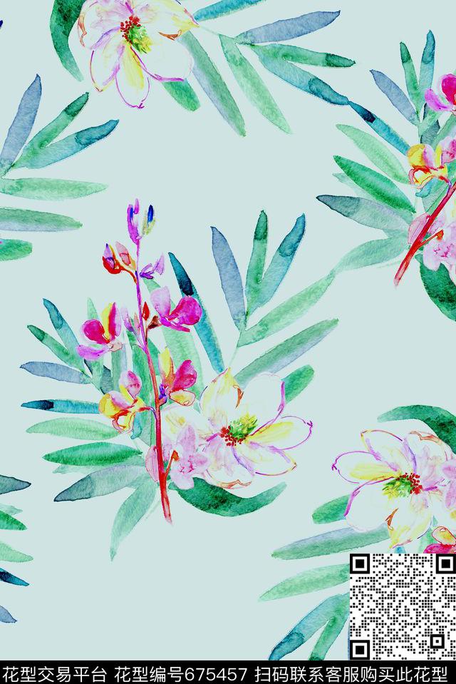 手绘热带植物数码印花花型下载（图片编号: 675457） - 瓦栏（Walan）