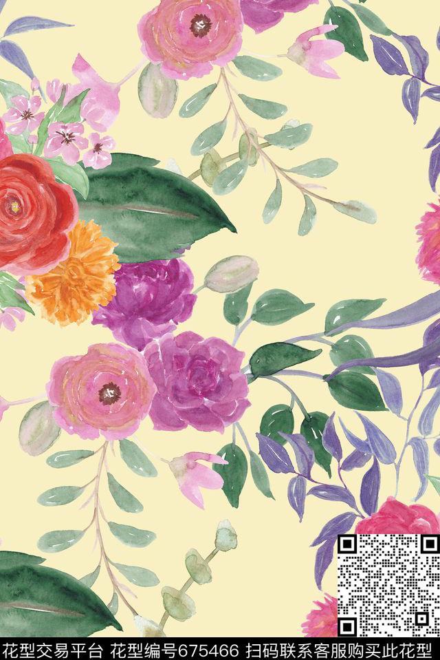 手绘水彩蜡笔数码印花花型下载（图片编号: 675466） - 瓦栏（Walan）