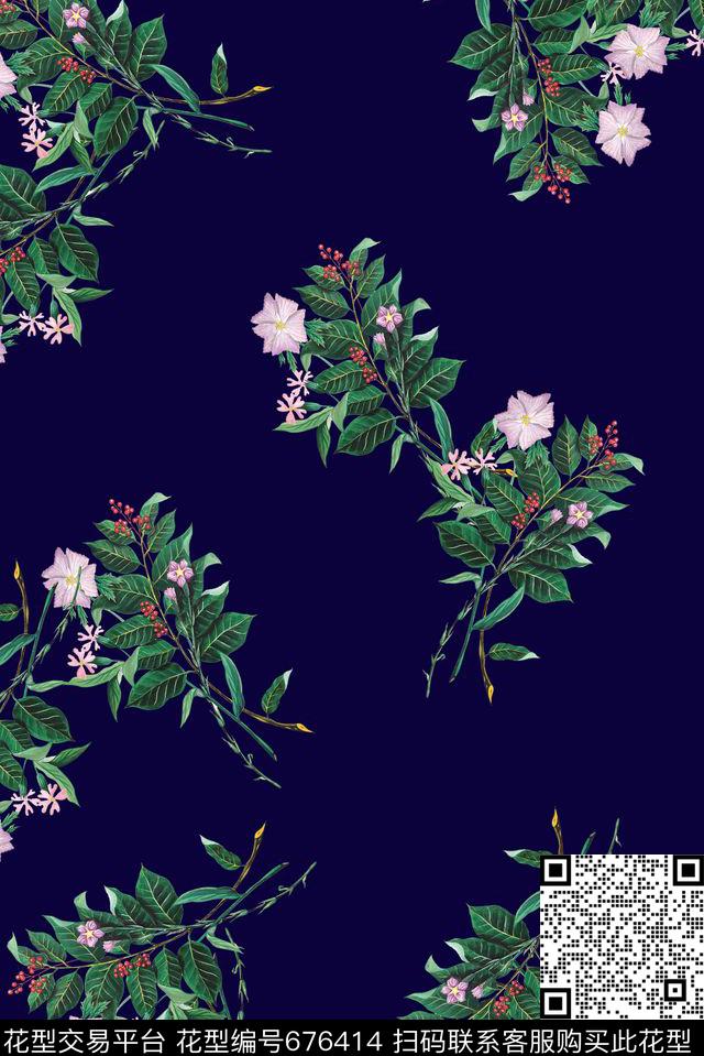 清爽手绘花卉数码印花花型下载（图片编号: 676414） - 瓦栏（Walan）