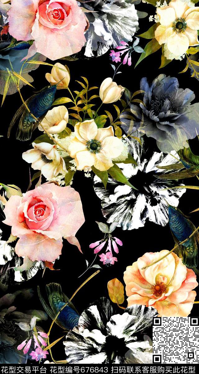 201607022.jpg - 676843 - 黑白花卉 手绘花卉 水彩花卉 - 数码印花花型 － 女装花型设计 － 瓦栏