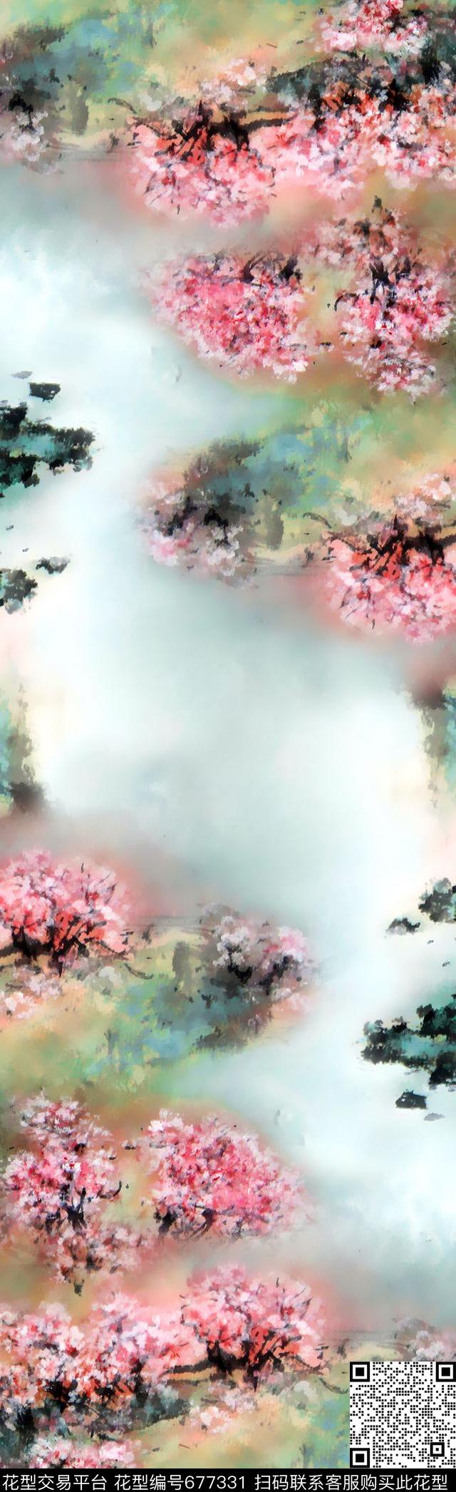 桃花风景抽象数码印花花型下载（图片编号: 677331） - 瓦栏（Walan）