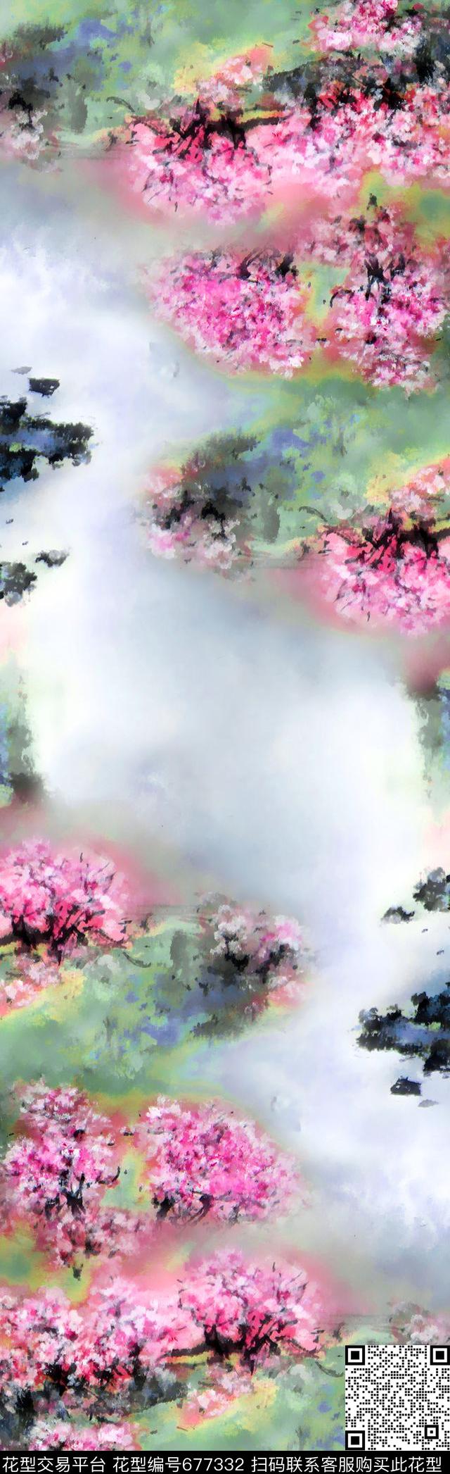 桃花风景抽象数码印花花型下载（图片编号: 677332） - 瓦栏（Walan）