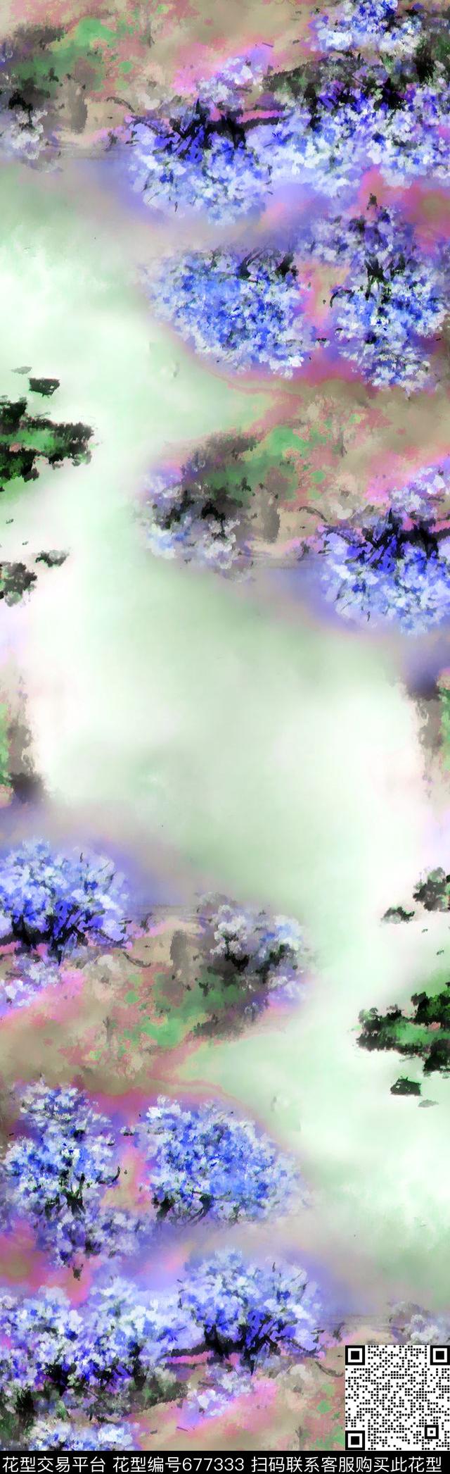 桃花风景抽象数码印花花型下载（图片编号: 677333） - 瓦栏（Walan）