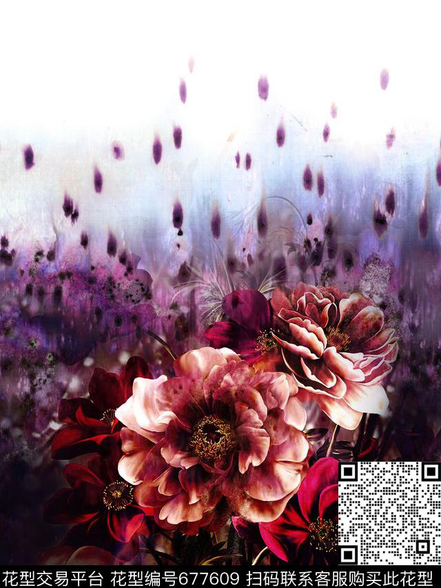 花卉旗袍数码印花花型下载（图片编号: 677609） - 瓦栏（Walan）