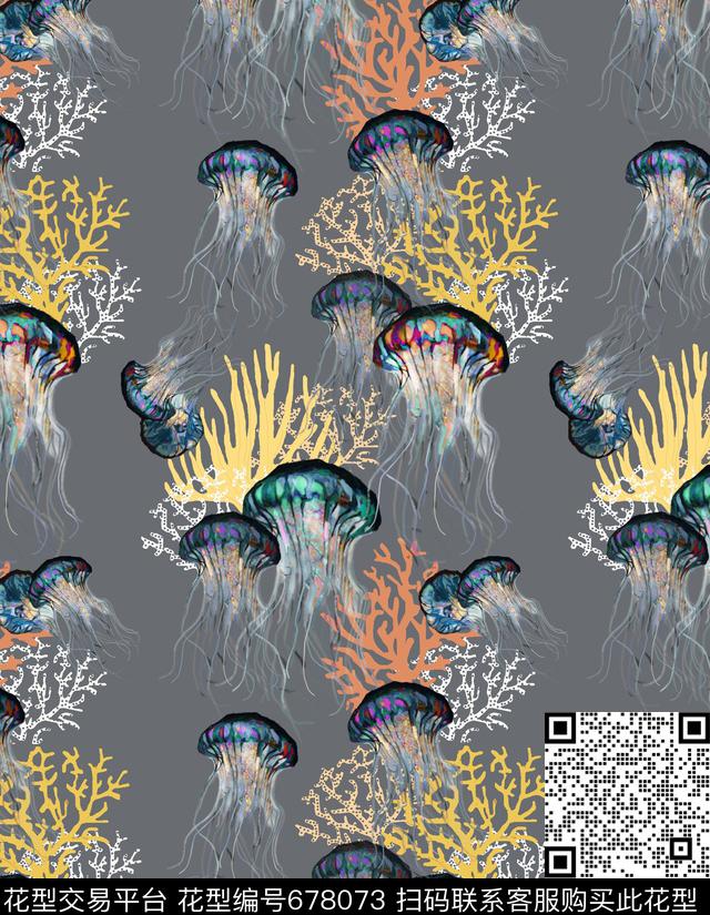 水母接版图1.jpg - 678073 - 海洋生物 水母 珊瑚 - 数码印花花型 － 沙发布花型设计 － 瓦栏