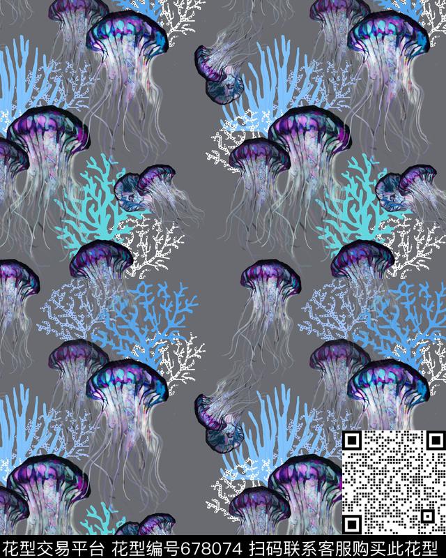 水母接版图2.jpg - 678074 - 海洋生物 水母 珊瑚 - 数码印花花型 － 沙发布花型设计 － 瓦栏