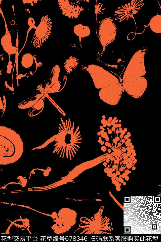 花卉昆虫抽象传统印花花型下载（图片编号: 678346） - 瓦栏（Walan）