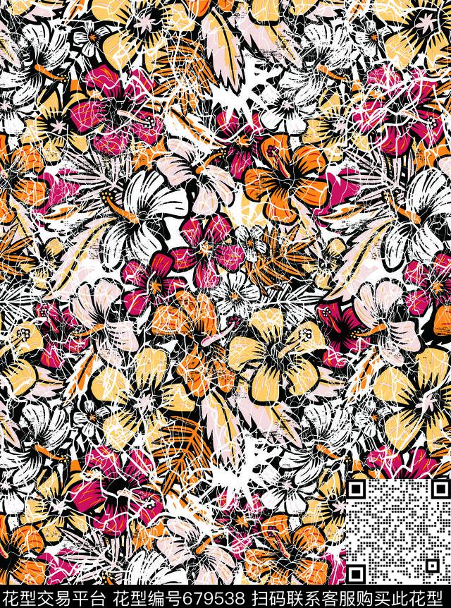 扶桑花.jpg - 679538 - 乱花 小碎花 花朵 - 传统印花花型 － 女装花型设计 － 瓦栏