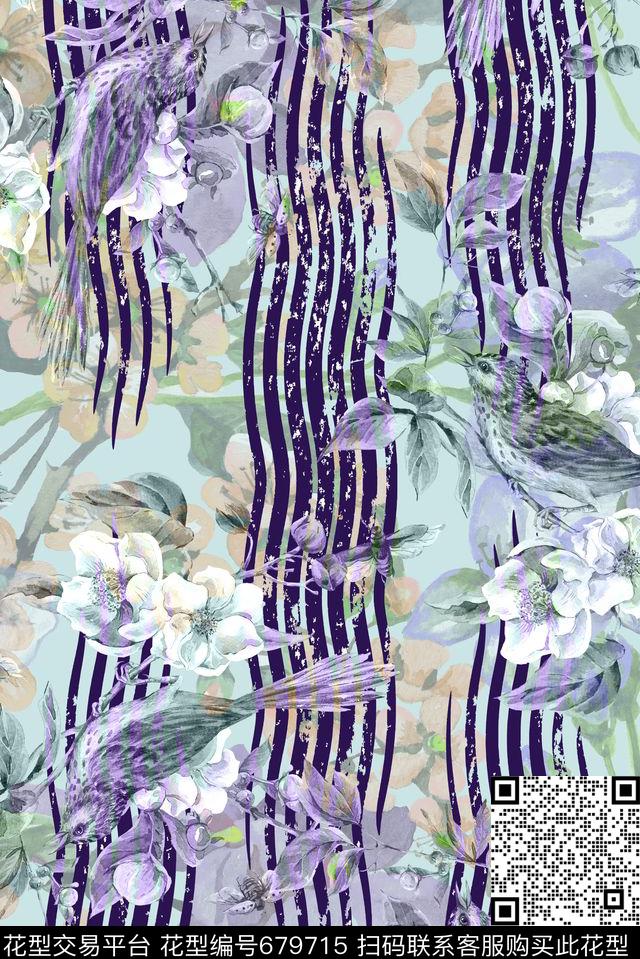 手绘抽象花鸟数码印花花型下载（图片编号: 679715） - 瓦栏（Walan）