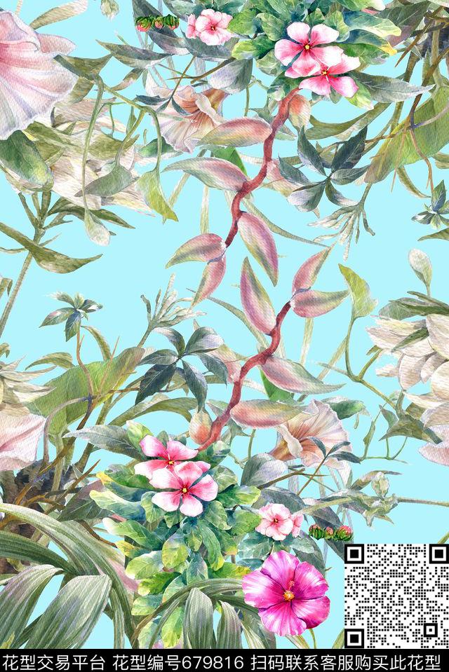 手绘花卉绿叶数码印花花型下载（图片编号: 679816） - 瓦栏（Walan）
