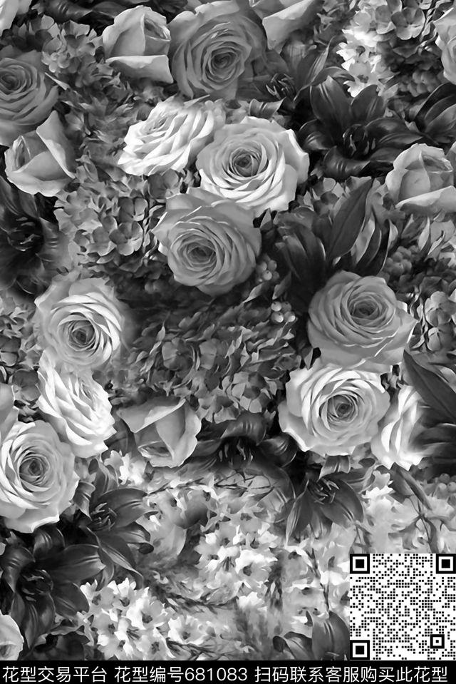 小碎花牡丹玫瑰数码印花花型下载（图片编号: 681083） - 瓦栏（Walan）