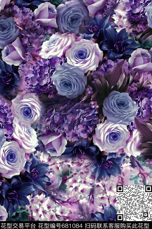 小碎花牡丹玫瑰数码印花花型下载（图片编号: 681084） - 瓦栏（Walan）