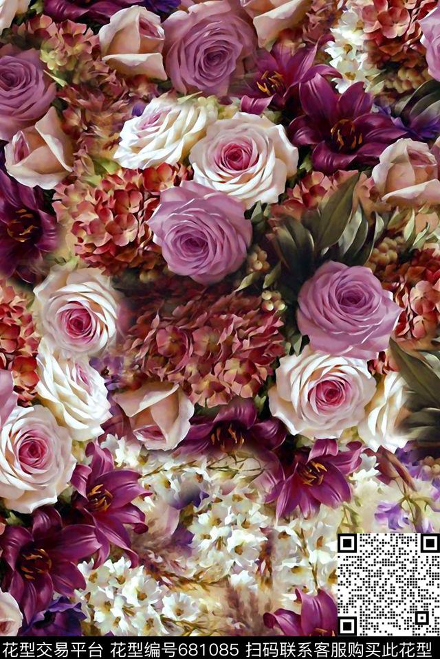 小碎花牡丹玫瑰数码印花花型下载（图片编号: 681085） - 瓦栏（Walan）