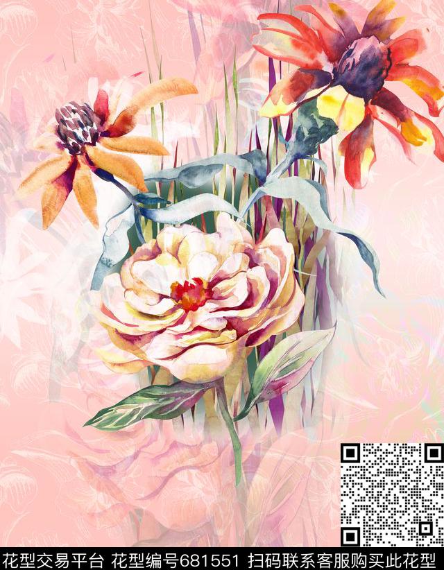 手绘花卉水彩数码印花花型下载（图片编号: 681551） - 瓦栏（Walan）