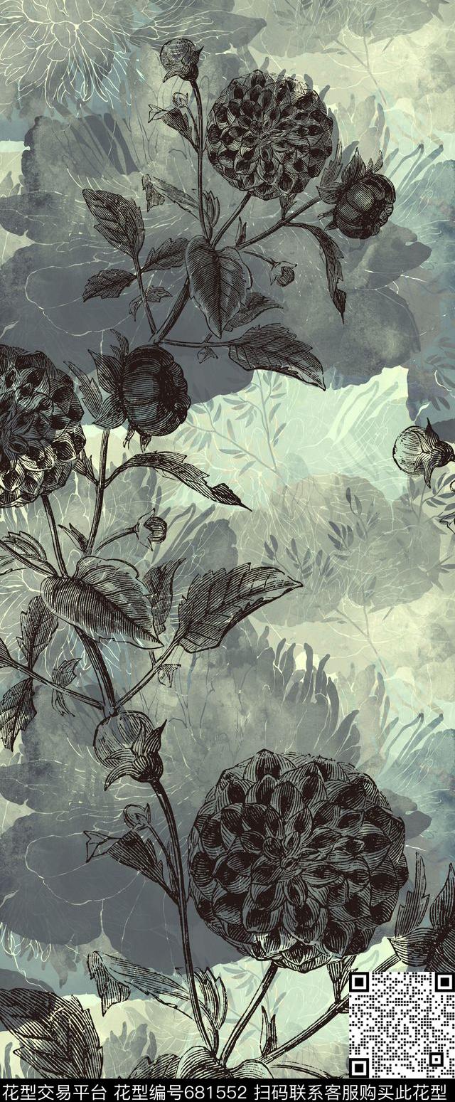 复古线描肌理数码印花花型下载（图片编号: 681552） - 瓦栏（Walan）
