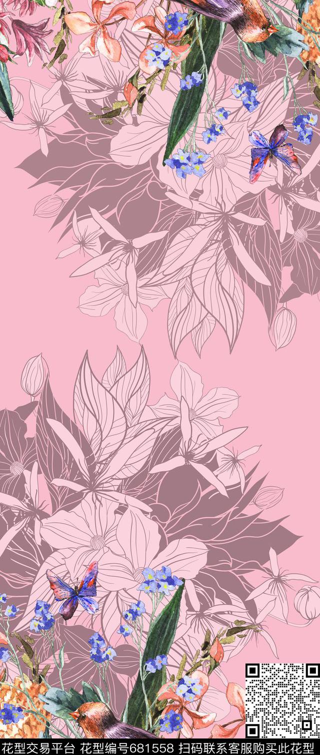 手绘花鸟线描数码印花花型下载（图片编号: 681558） - 瓦栏（Walan）