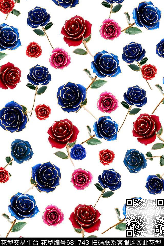 瓷玫瑰.jpg - 681743 - 浪漫花卉 玫瑰 宫廷风 - 数码印花花型 － 女装花型设计 － 瓦栏