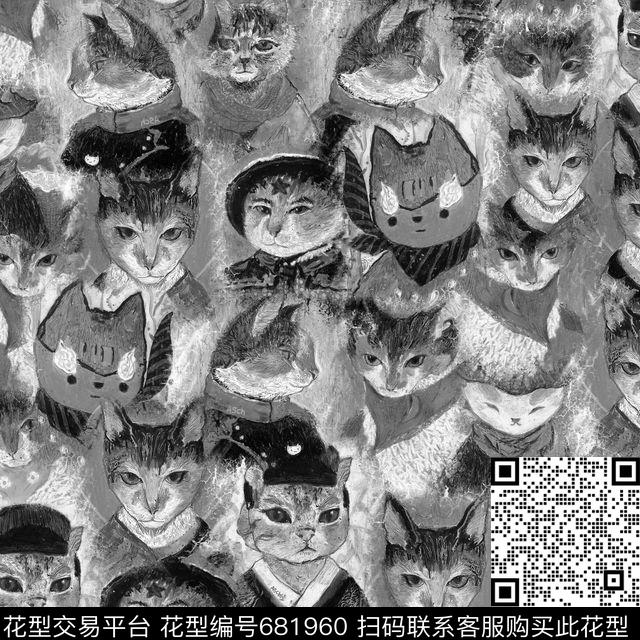 古装猫咪白.jpg - 681960 - 可爱猫咪卡通 中国风古装猫 - 数码印花花型 － 女装花型设计 － 瓦栏