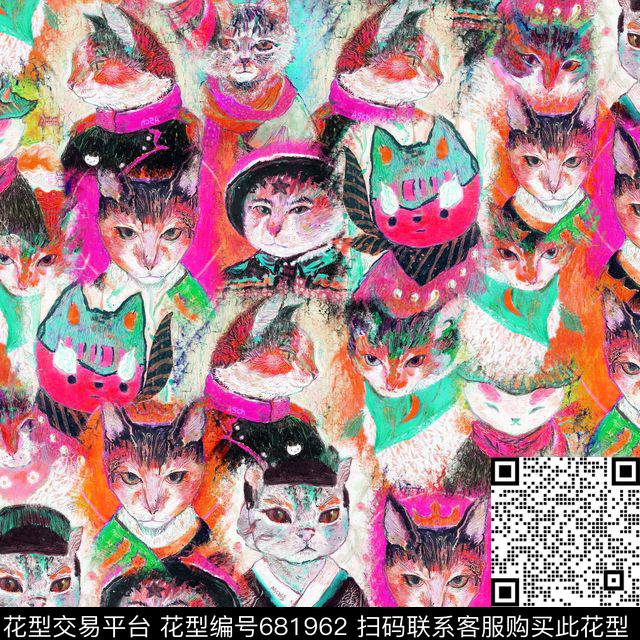 古装猫咪紫.jpg - 681962 - 可爱猫咪卡通 中国风古装猫 - 数码印花花型 － 女装花型设计 － 瓦栏