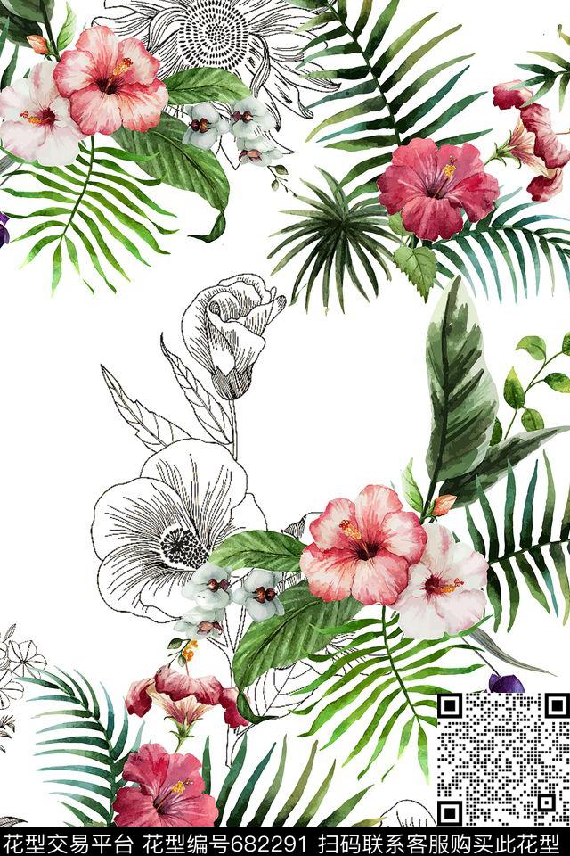 大花小碎花花朵数码印花花型下载（图片编号: 682291） - 瓦栏（Walan）