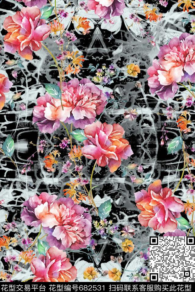 抽象水墨肌理数码印花花型下载（图片编号: 682531） - 瓦栏（Walan）