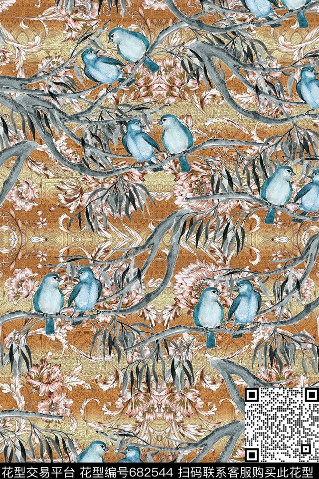 花纹手绘花鸟数码印花花型下载（图片编号: 682544） - 瓦栏（Walan）