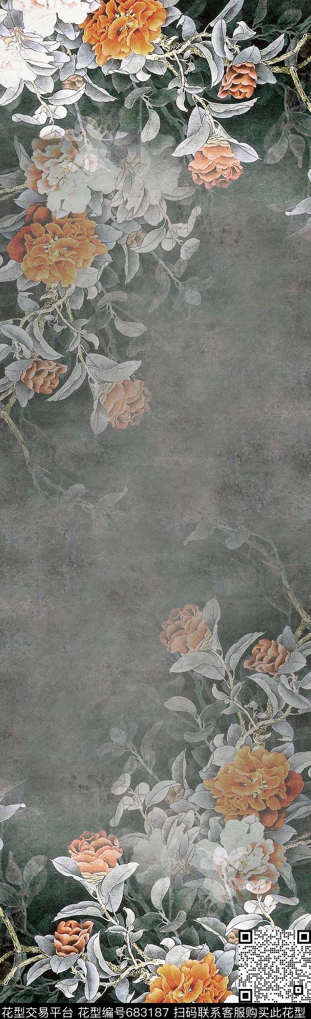 围巾玫瑰牡丹数码印花花型下载（图片编号: 683187） - 瓦栏（Walan）